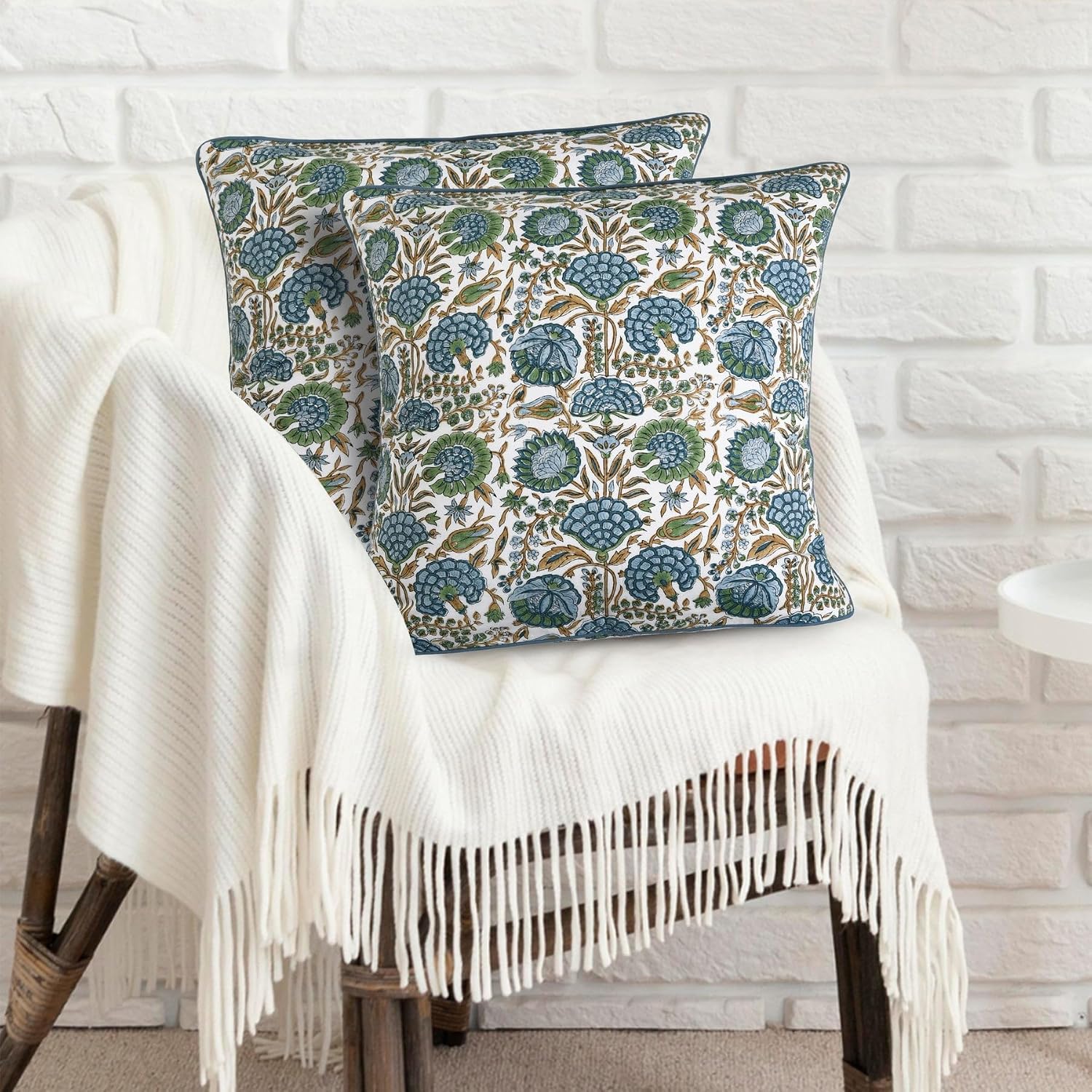 Ridhi Block Print Asparagus Green Pillow Cover 20" x 20" (Pack of 2) Decorative Couch Pillows for Living Room, Farmhouse Chic Boho Cute Out…