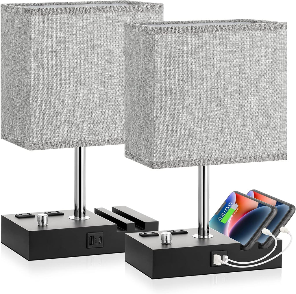 Kakanuo Fully Dimmable Bedside Lamps for Bedroom with USB C Ports, Grey USB Table Lamp Set of 2, Wooden Desk Lamp with 2 Charging Outlets…
