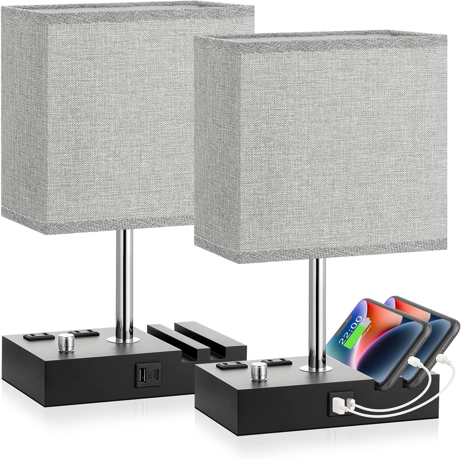 Kakanuo Fully Dimmable Bedside Lamps for Bedroom with USB C Ports, Grey USB Table Lamp Set of 2, Wooden Desk Lamp with 2 Charging Outlets…