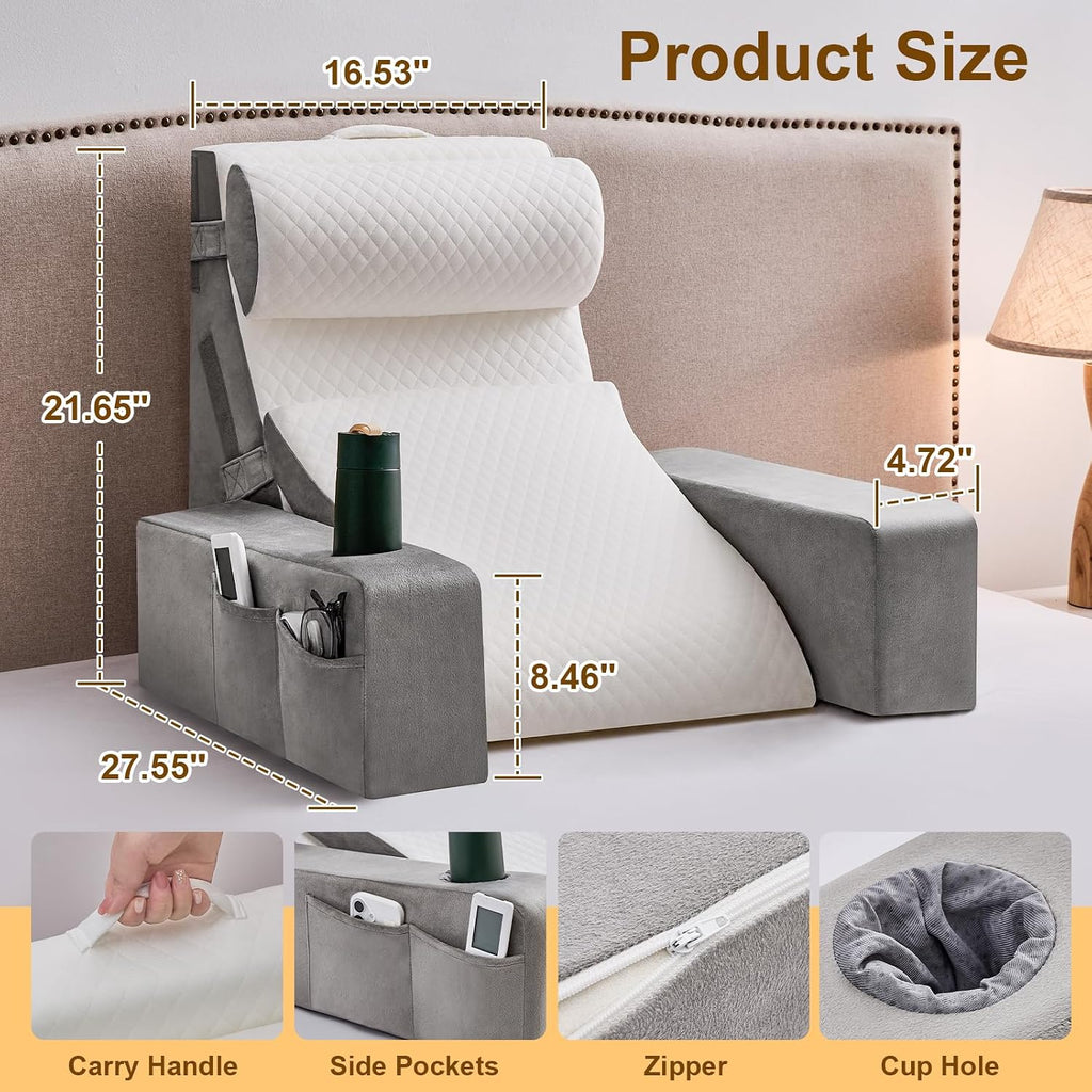 Yojoker 5pcs Reading Pillow for Adults Sitting in Bed – Back Pillow for Bed Sitting Up with Arms, Pockets & Cup Holder, Sit-Up Backrest Pil…