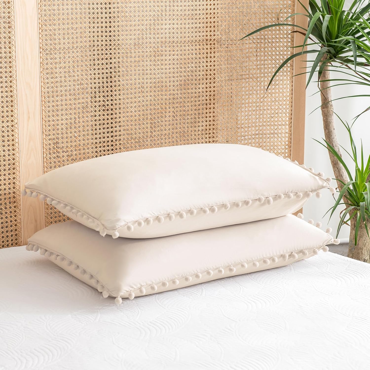 Moveover Move Over Beige Pillowcases King Size Pom Pom Pillowcases Cream Pillow Cases Set of 2 Soft Washed Microfiber Boho Pillow Covers Cu…