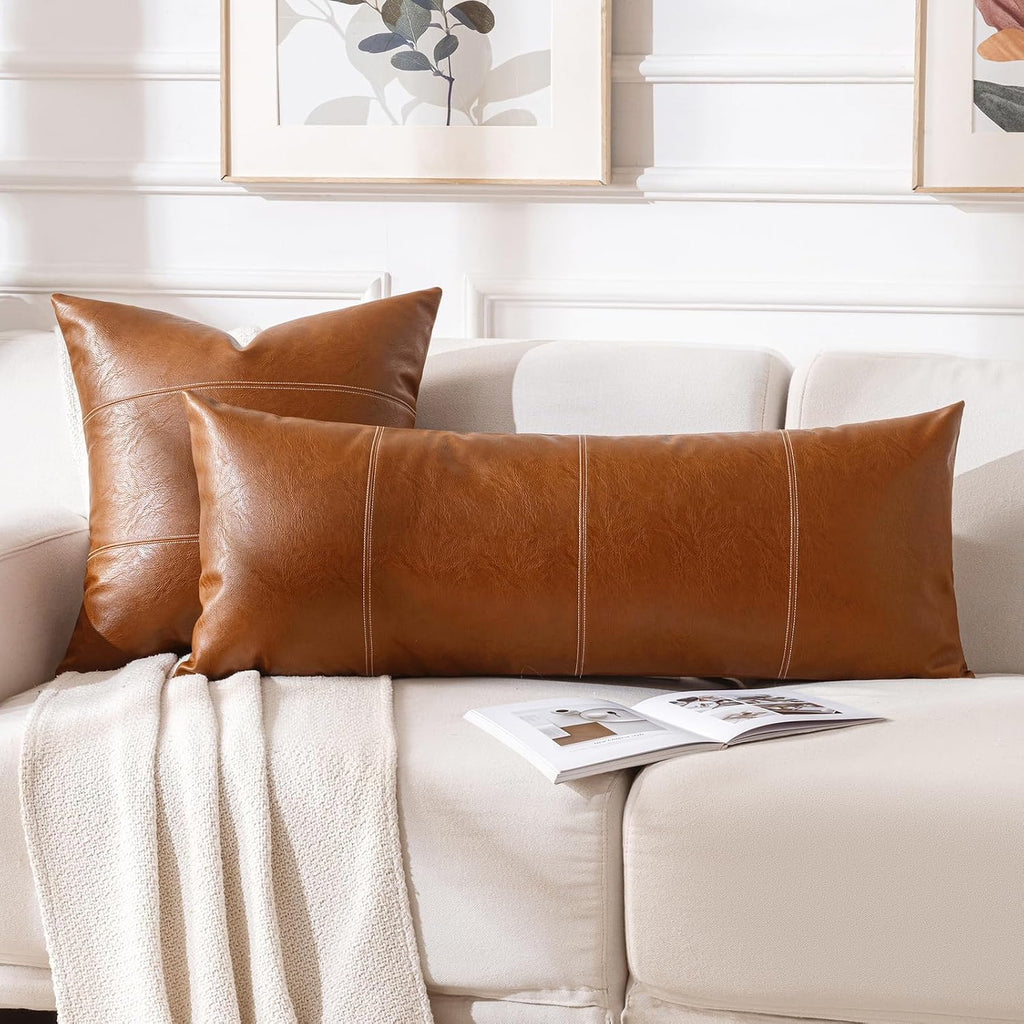 Fancy Homi Brown Boho Long Lumbar Faux Leather Body Decorative Throw Pillow Cover 14x36 Inch for Bedroom Couch Bed Sofa Bench, Hand…