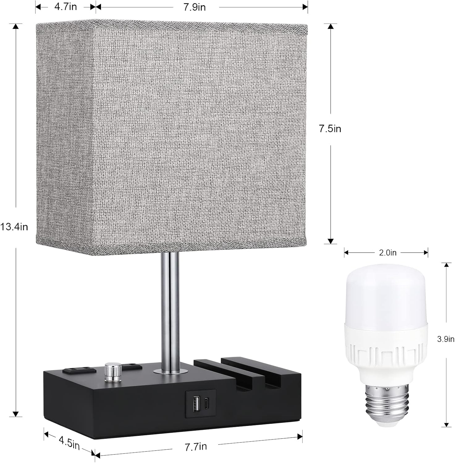 Kakanuo Fully Dimmable Nightstand Lamp for Bedroom with USB C Ports, Grey Small Bedside Table Lamp with Charging Outlets and Phone…