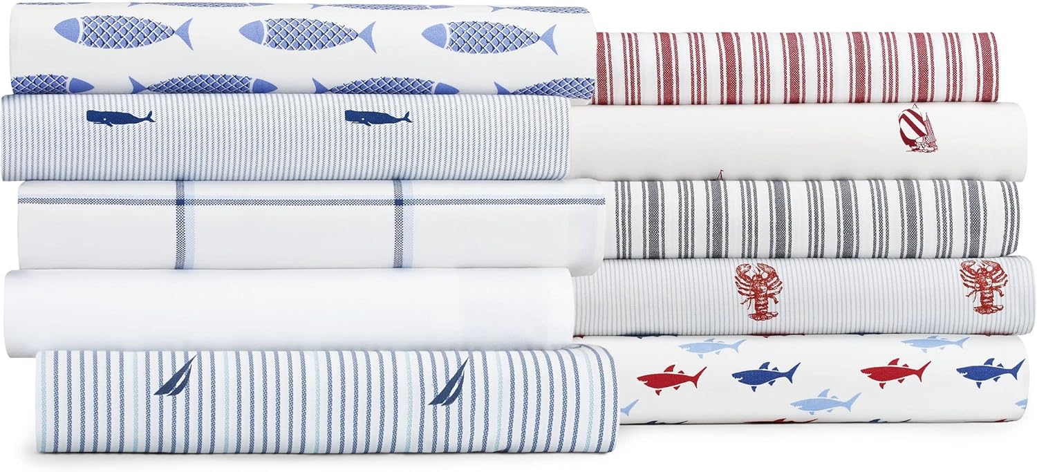 Nautica Full Sheets, Cotton Percale Bedding Set, Casual Home Decor (Audley Stripe Blue, Full) Cotton Blue