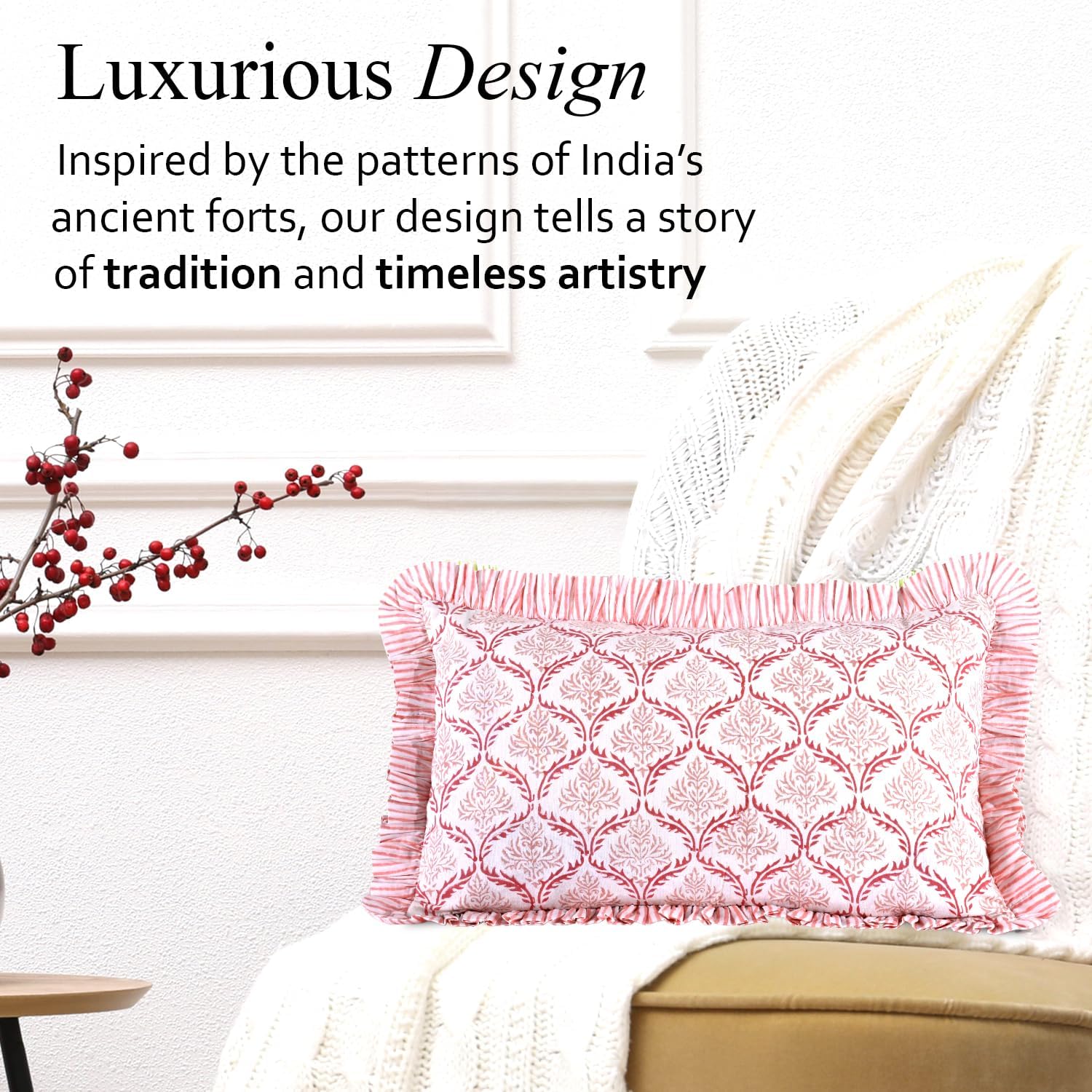 Cottonprintclub CPC Hand Block Print Blush Rose Ruffle Sham Pillow Cover 20" x 12" inch Hidden Zipper Decorative Pillowcase for Couch, Bed,…
