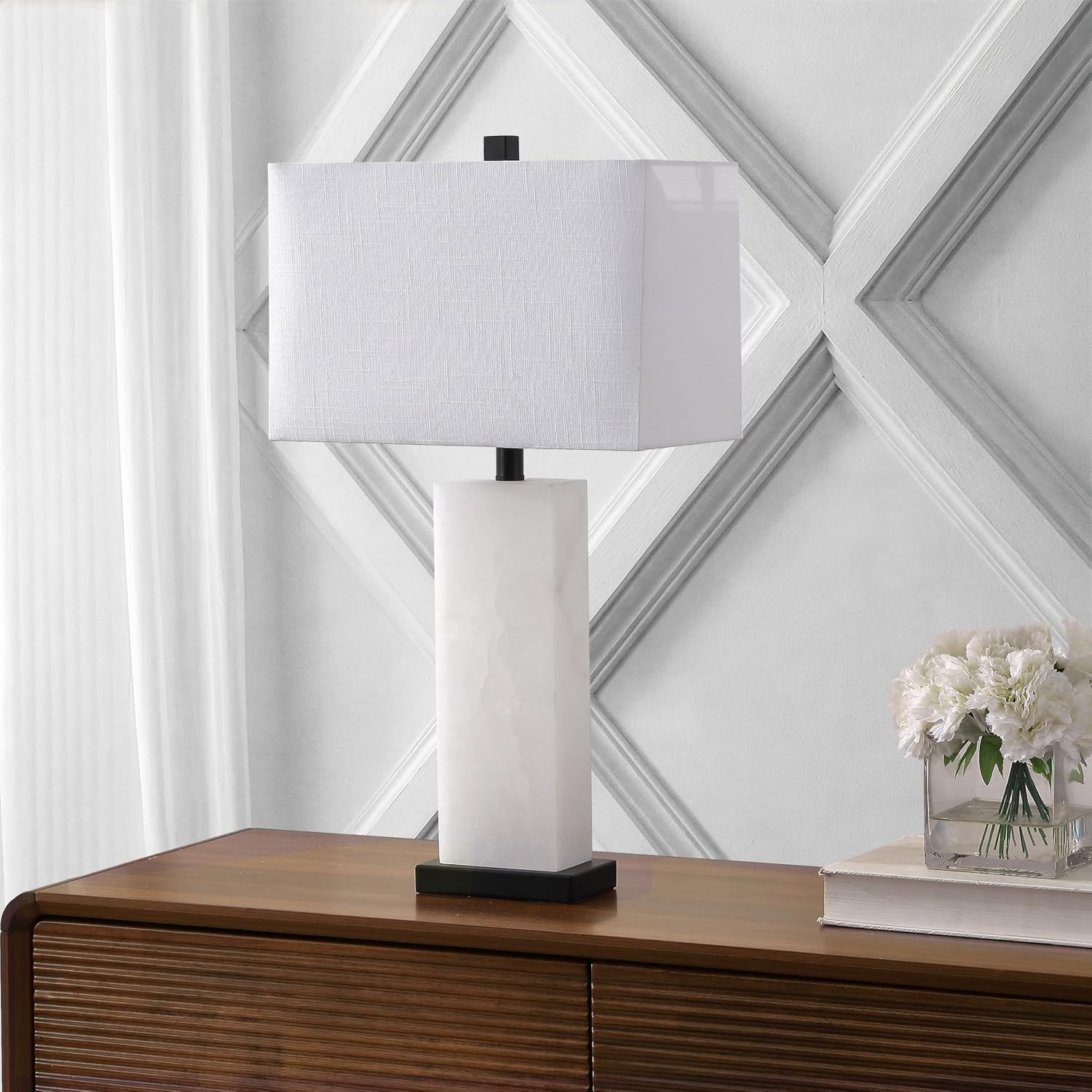 JONATHAN Y 27" White Black Alabaster Rectangular Table Lamp Contemporary Modern Bedside Nightstand Lamp for Living Room Bedroom with…