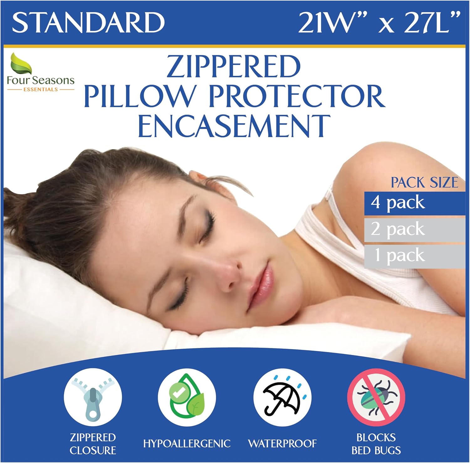 Standard Pillow Protectors (Set of 4) – Hypoallergenic Pillow Cover Waterproof Dust Allergen Proof Zippered Encasement