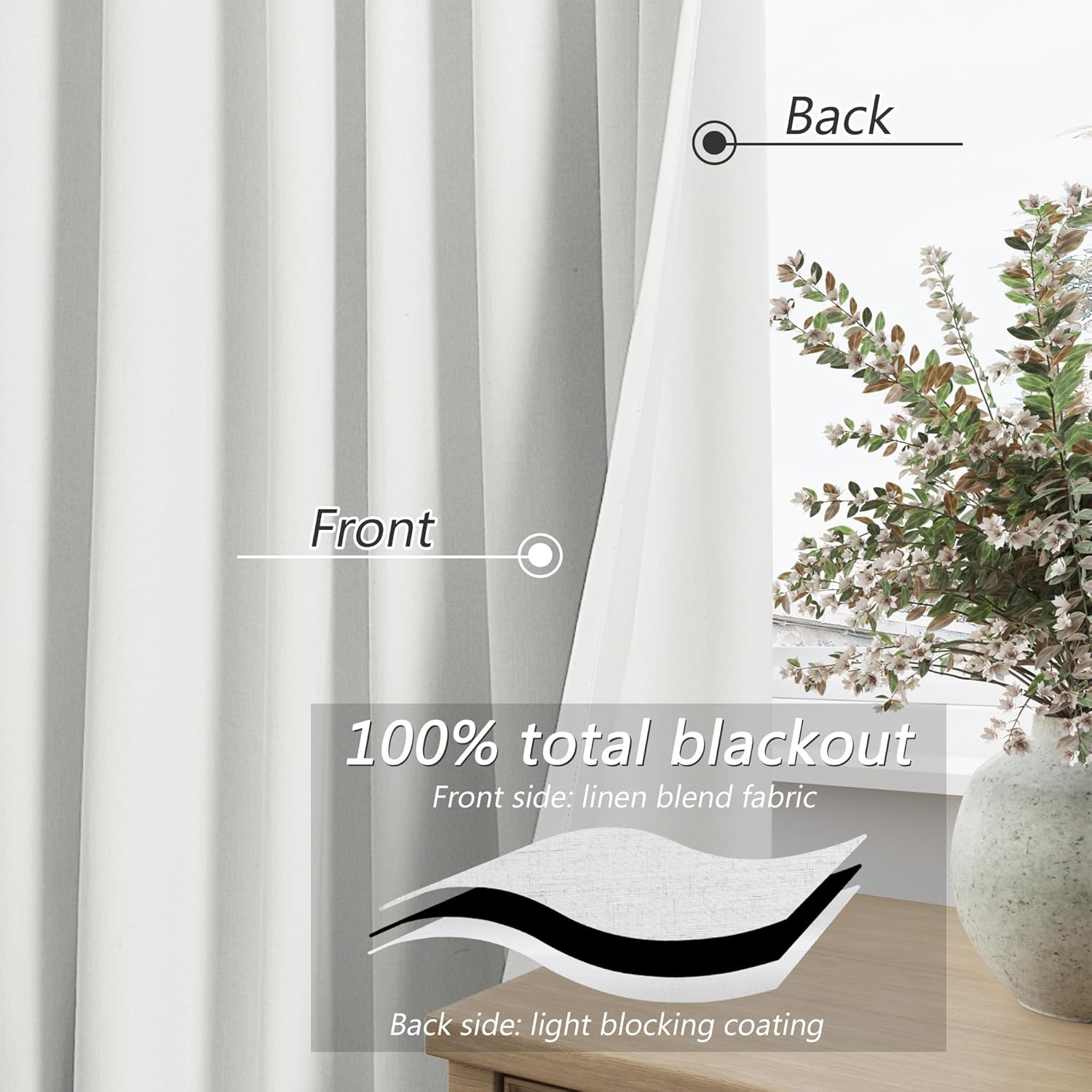 Guken White 100% Blackout Linen Curtains 52 Inch Wide by 70 Inch for Living Room Bedroom Back Tab Thermal Insulated Black Out Linen 2 Drape…