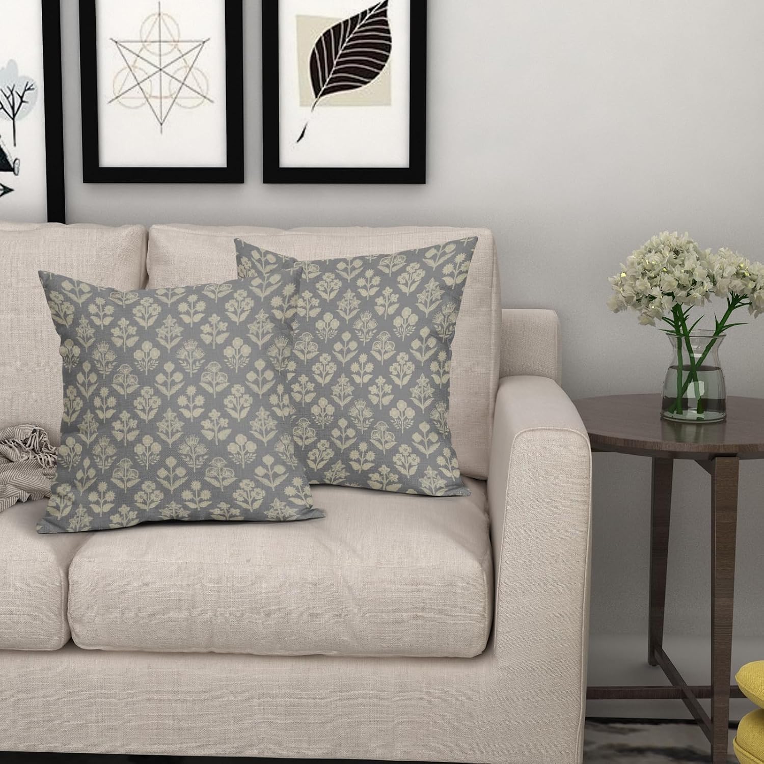 Grey Gray Floral Block Print Pillow Covers 20x20 Inch Set of 2, Vintage Flower Pattern Decorative Throw Pillowcases Outdoor Farmhouse…