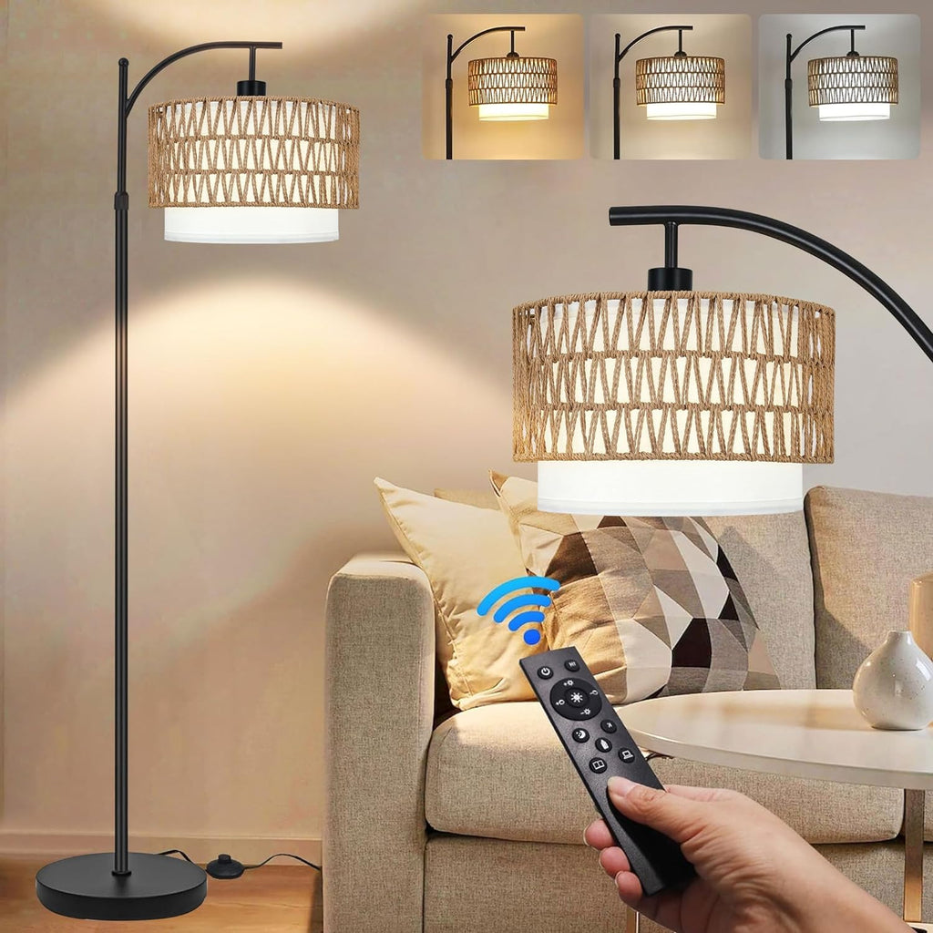 ZECOXOL Arc Floor Lamp for Living Room Boho Floor Lamps with Remote Control & with 3 Color Temperatures, Rattan Wicker Standing Lamp…