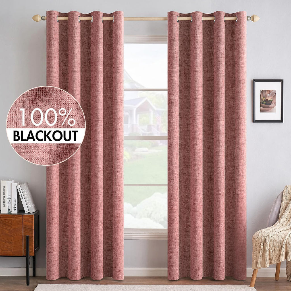 Miulee 100% Blackout Linen Textured Curtains for Bedroom Solid Thermal Insulated Dusty Rose Grommet Room Darkening Curtains & Drapes Luxury…