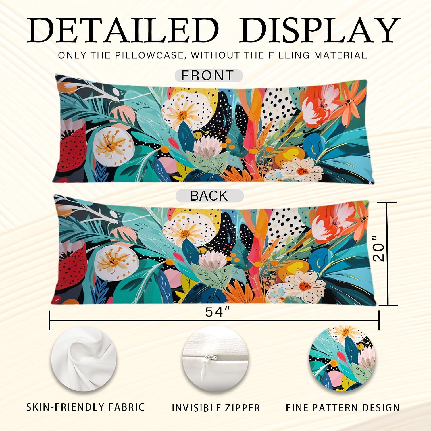 Abstract Boho Tropical Floral Body Pillow Covers 20x54, Trendy Maximalist Eclectic Colorful Botanical Long Body Pillow Case Cover with…