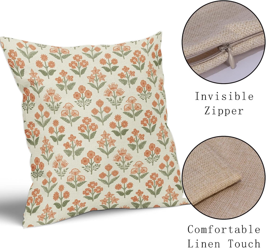 Orange Green Floral Block Print Pillow Covers 18x18 Inch Set of 2, Vintage Flower Pattern Decorative Throw Pillowcases Outdoor Farmhouse…