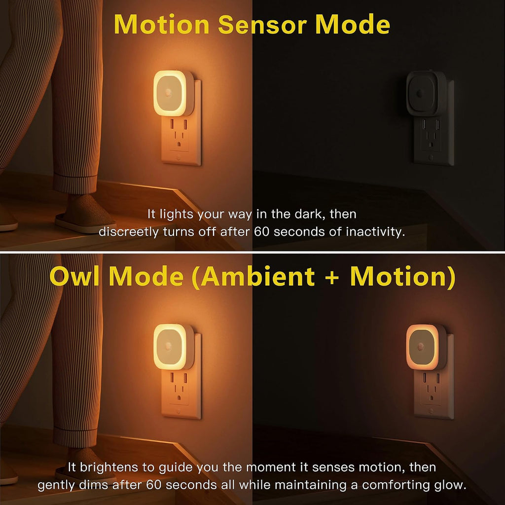 YUNLEX 2 Pack Plug in Amber Night Light with Motion Sensor & Dusk to Dawn Sensor, 3 Sensor Modes, Dimmable Night Lights Plug into Wall…