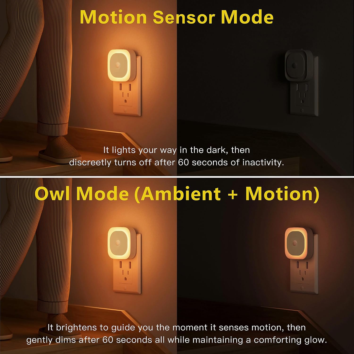 YUNLEX 2 Pack Plug in Amber Night Light with Motion Sensor & Dusk to Dawn Sensor, 3 Sensor Modes, Dimmable Night Lights Plug into Wall…