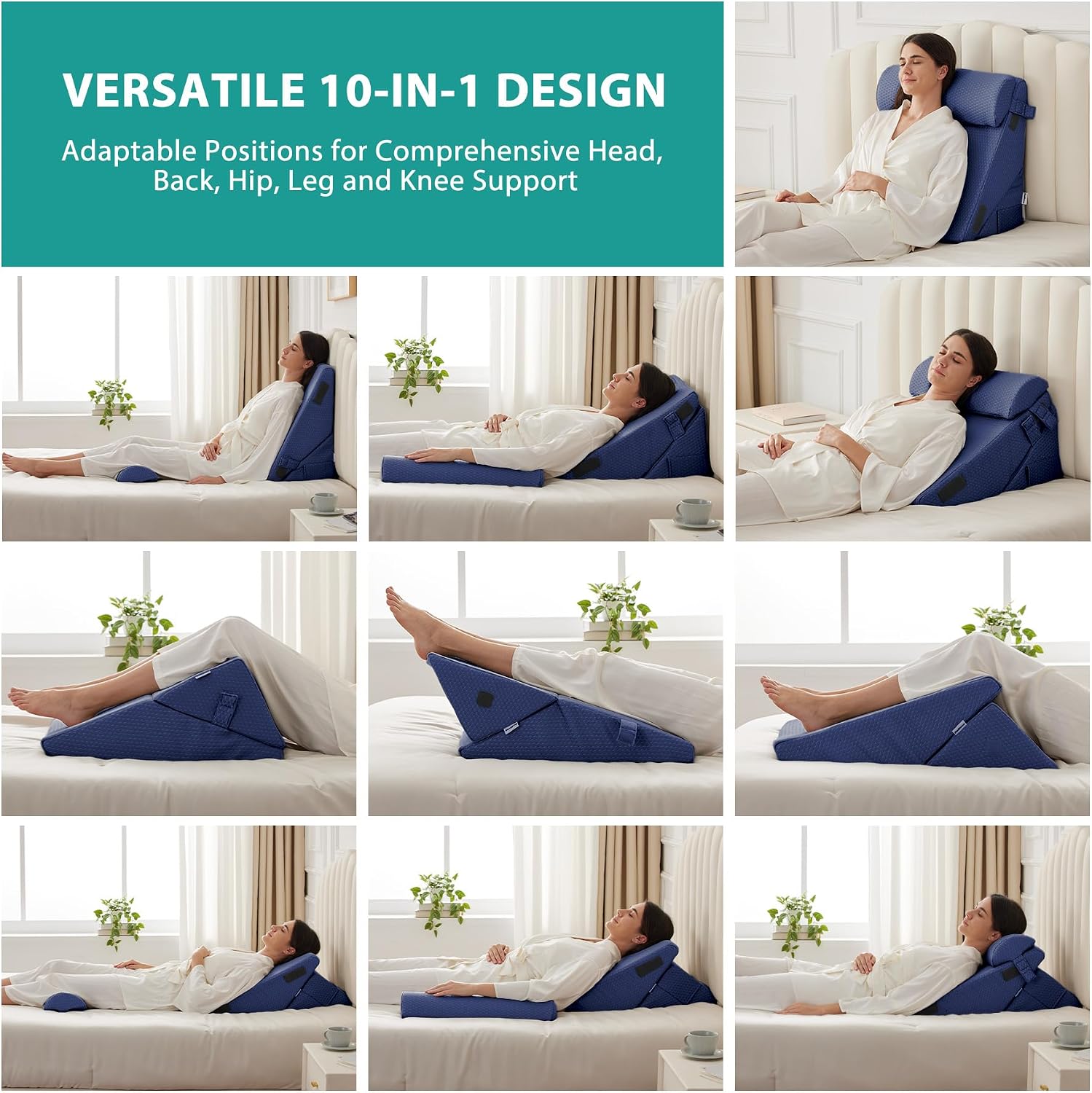 Bedluxe 3Pcs Orthopedic Bed Wedge Pillow Set, Foam Wedge Pillow Post Surgery for Back, Leg and Knee Support, Adjustable 9&12 Inch Folding T…