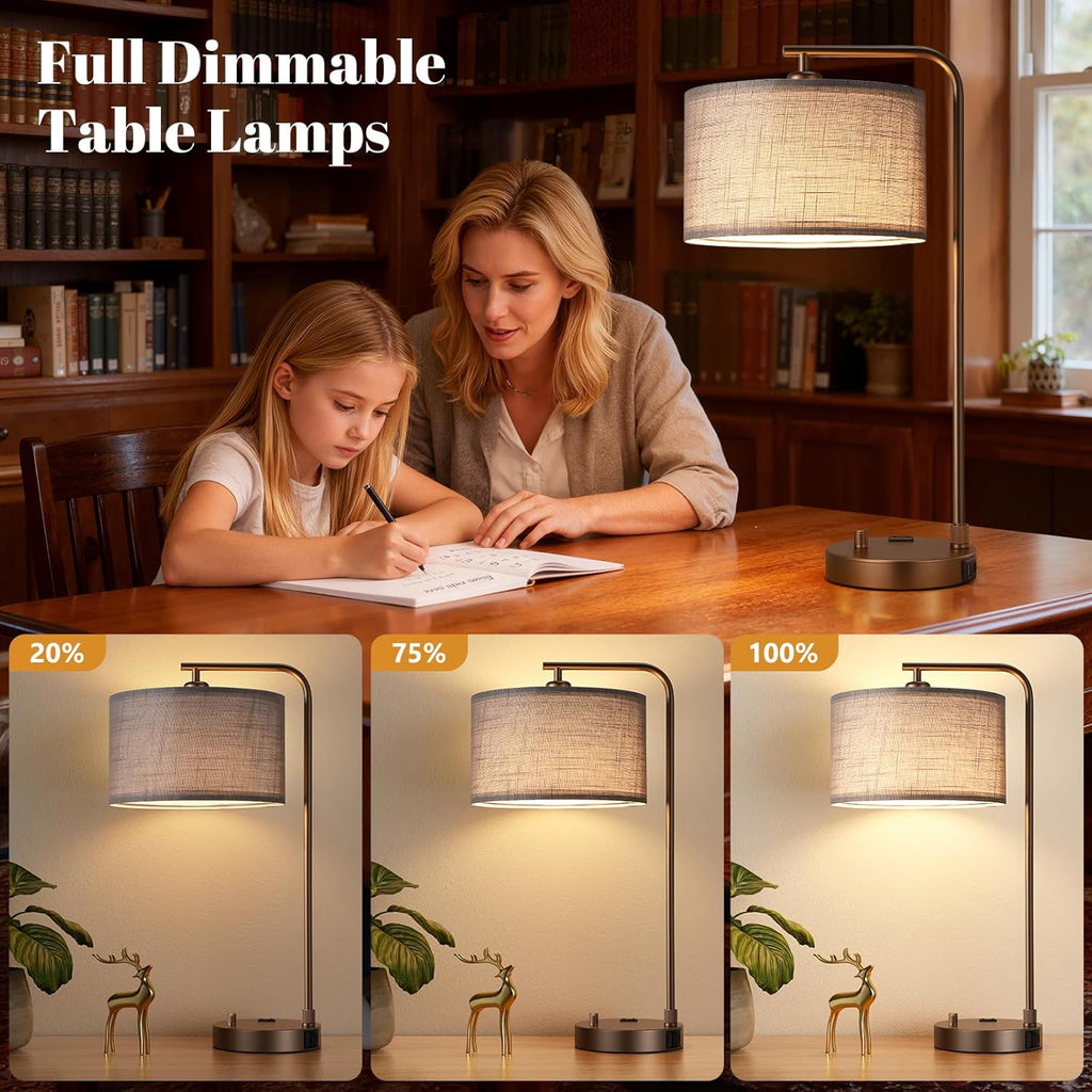 Innqoo Bedside Table Lamps for Bedroom Set of 2-Dimmable Nightstand Lamps with USB Port and Outlet, Modern Brown Lamps with Linen…