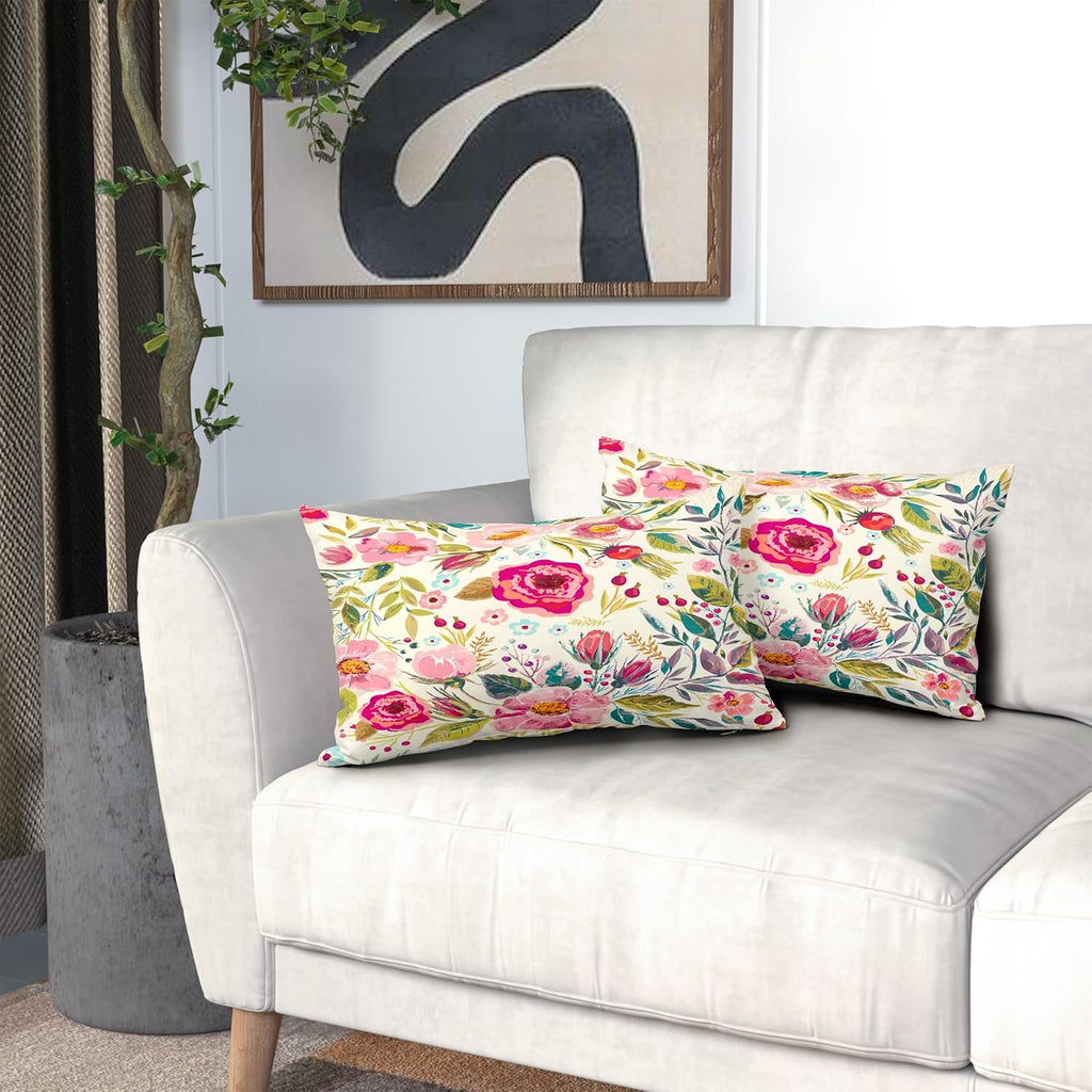 Spring Summer Flower Throw Pillow Covers 20x12 Inch Watercolor Peony Pillowcase Hot Pink Flora with Green Leaves Girly Decorative Cotton…