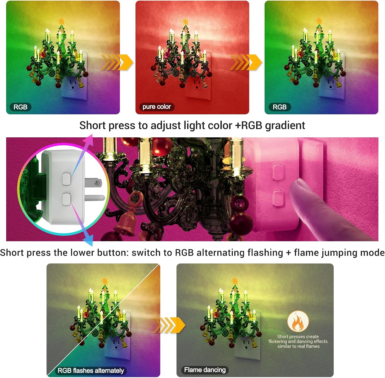 JandCase Night Lights Plug into Wall, 2 Pack Christmas RGB Pendant Night Light with Flame Effect,10 Color Changing Nightlight with180°…