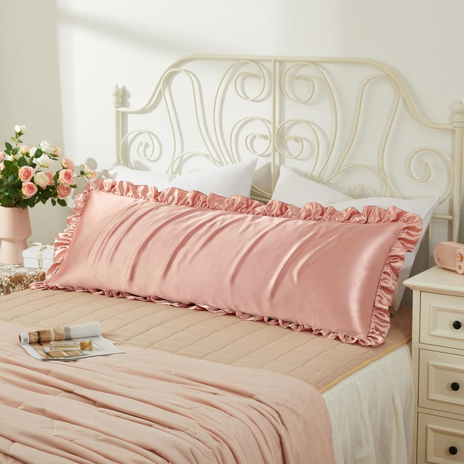 HommxJF Rose Gold Satin Pillowcases Body Pillow for Hair and Skin, Rose Gold Body Pillow Silk Pillowcase with Envelope Closure Princess Room…