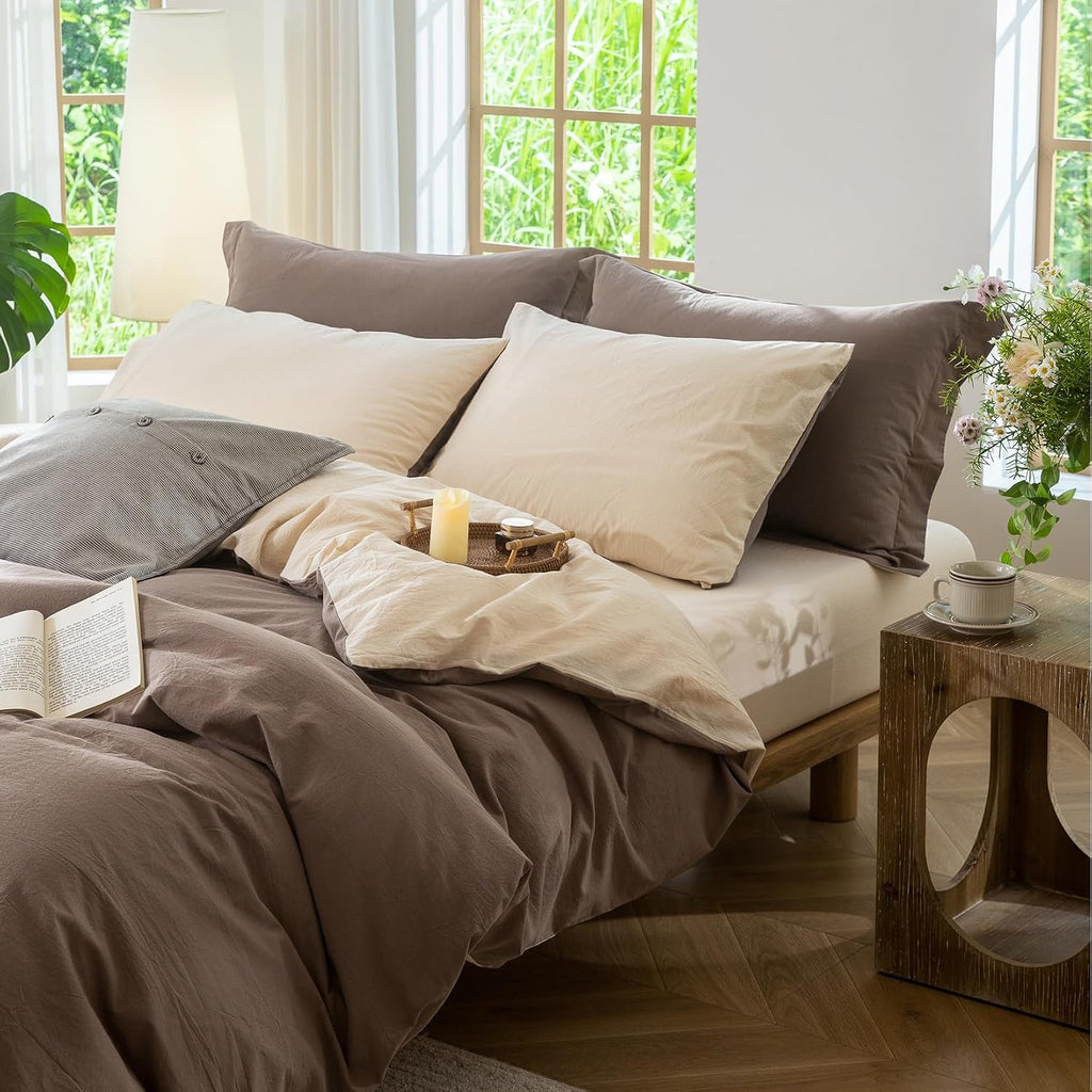 Bdear 3 Pieces Reversible Duvet Cover Set Set Twin Size 68x90 inch, 100% Washed Cotton Duvet Cover Plus 2 Pillowcases, Double Sided with IN…