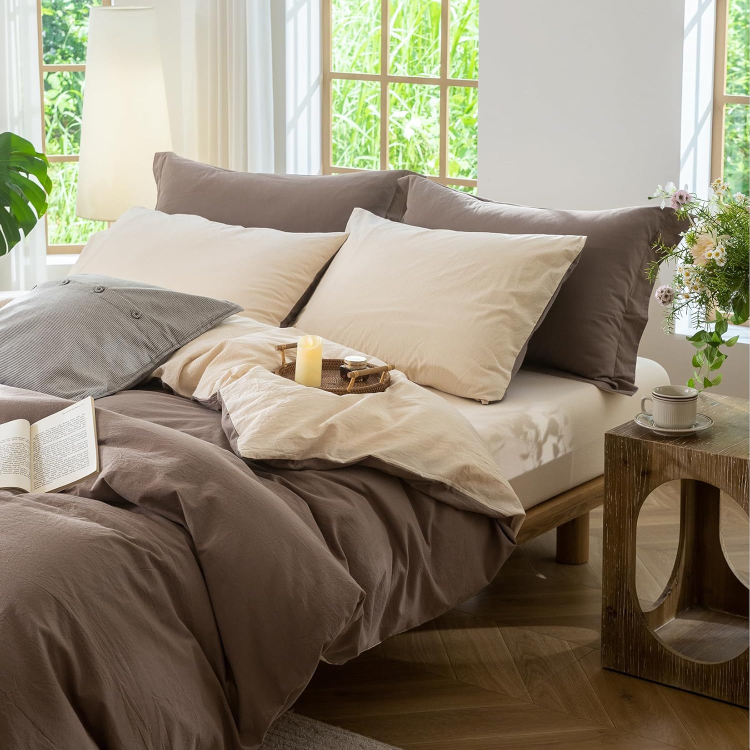 Bdear 3 Pieces Reversible Duvet Cover Set Full Size 80x90 inch, 100% Washed Cotton Duvet Cover Plus 2 Pillowcases, Double Sided with INS St…