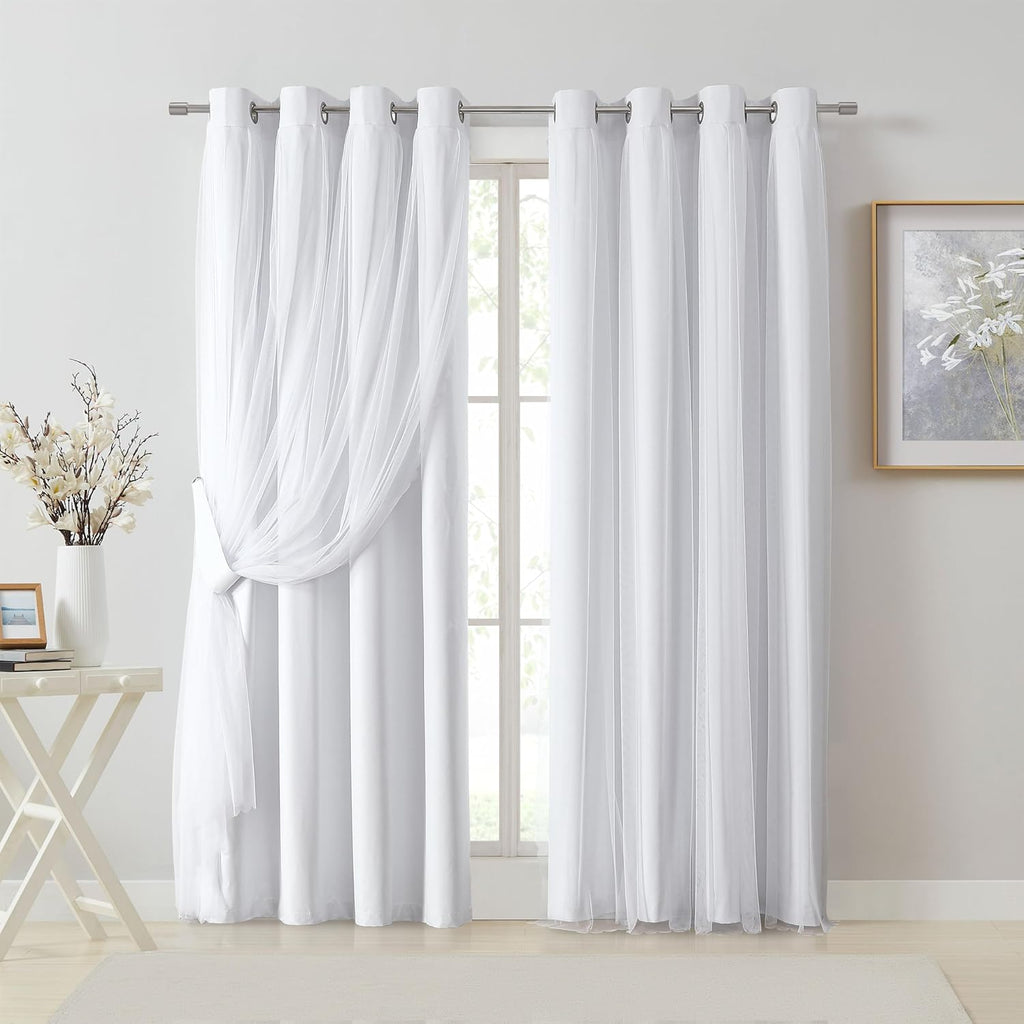 Bujasso White Full Blackout Curtain Panels with Sheer Overlay Mix and Match Double Layer Thermal Insulated Window Treatment Set for Living…