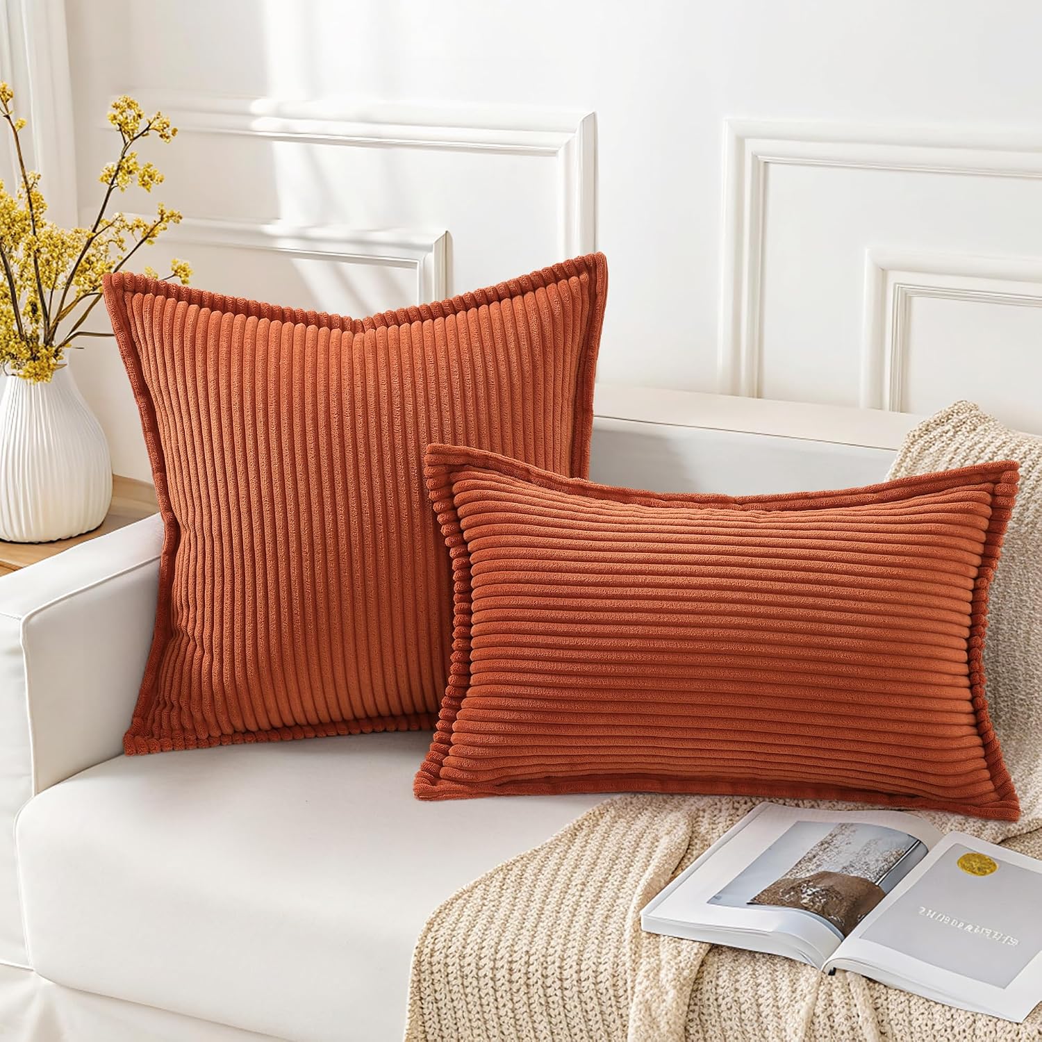 Mecatny Corduroy Summer Throw Pillow Covers 22x22 Set of 2, Neutral Decorative Soft Burnt Orange Boho Couch Pillow Covers with Broadside…
