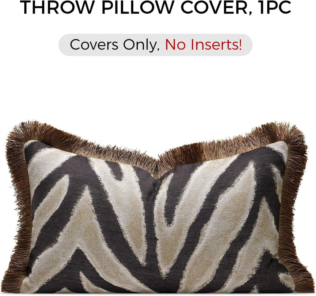 Aibuhome Luxury Zebra Lumbar Pillow Cover with Brown Tassel Trim, Zebra Pattern Jacquard Design Decorative Pillow Case for Sofa Bedroom Liv…