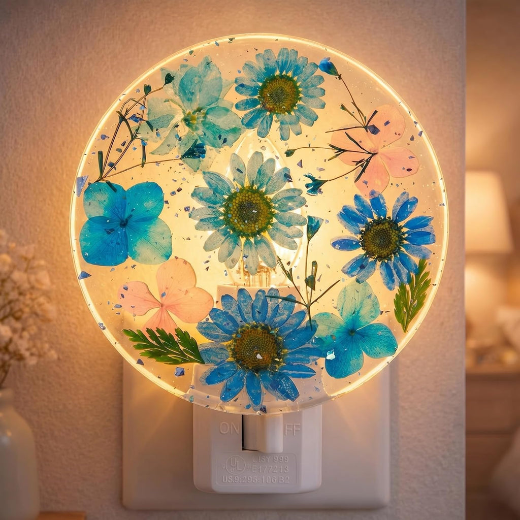Glooglitter Pressed Flower Night Light Plug in - Handmade Dried Floral Wall Night Light, Soft Glow Decorative Nightlight for Hallway Bedroo…