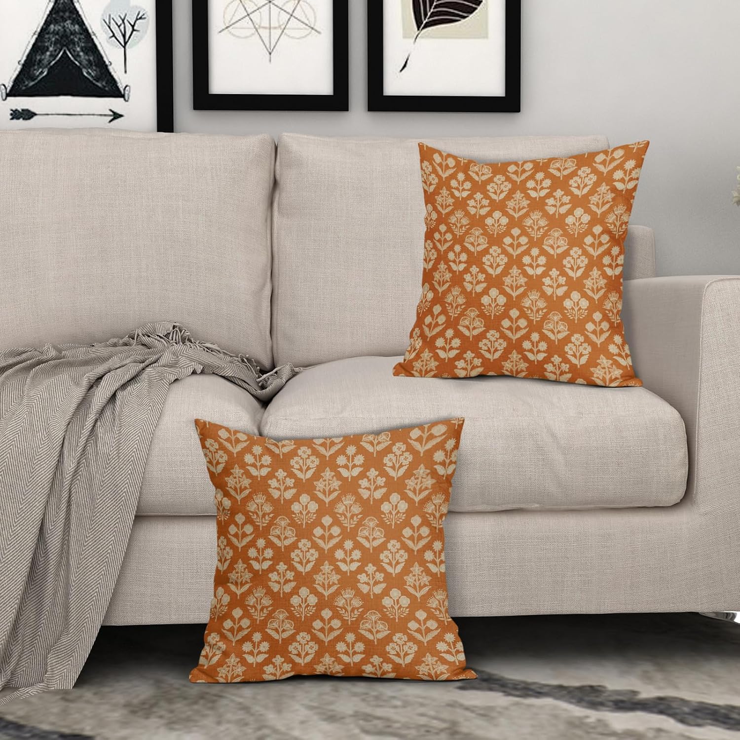 Burnt Orange Floral Block Print Pillow Covers 20x20 Inch Set of 2, Vintage Flower Pattern Decorative Throw Pillowcases Outdoor Farmhouse…