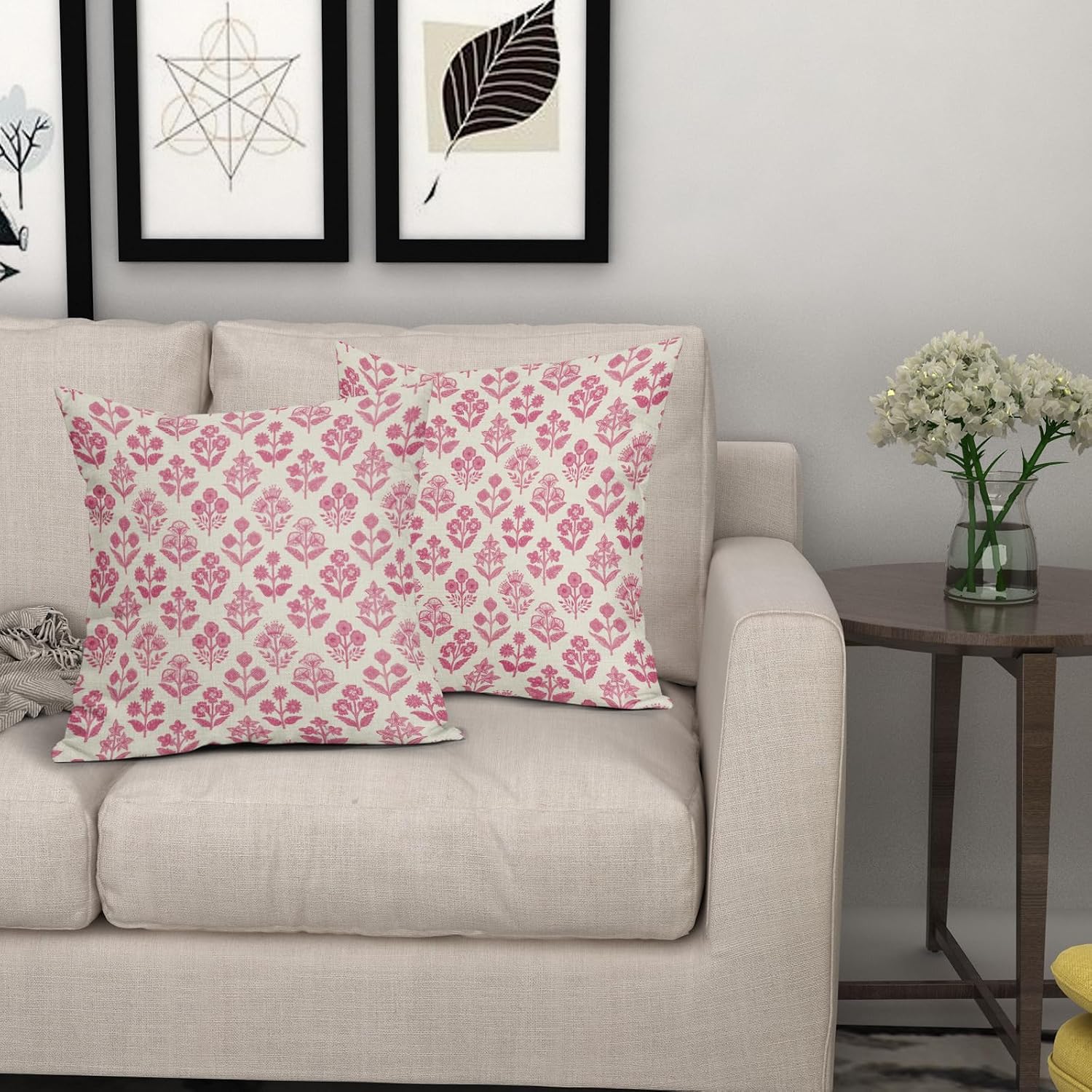 Hot Pink Floral Pillow Covers 20x20 Inch Set of 2, Vintage Flower Block Print Pattern Decorative Throw Pillowcases Outdoor Farmhouse…