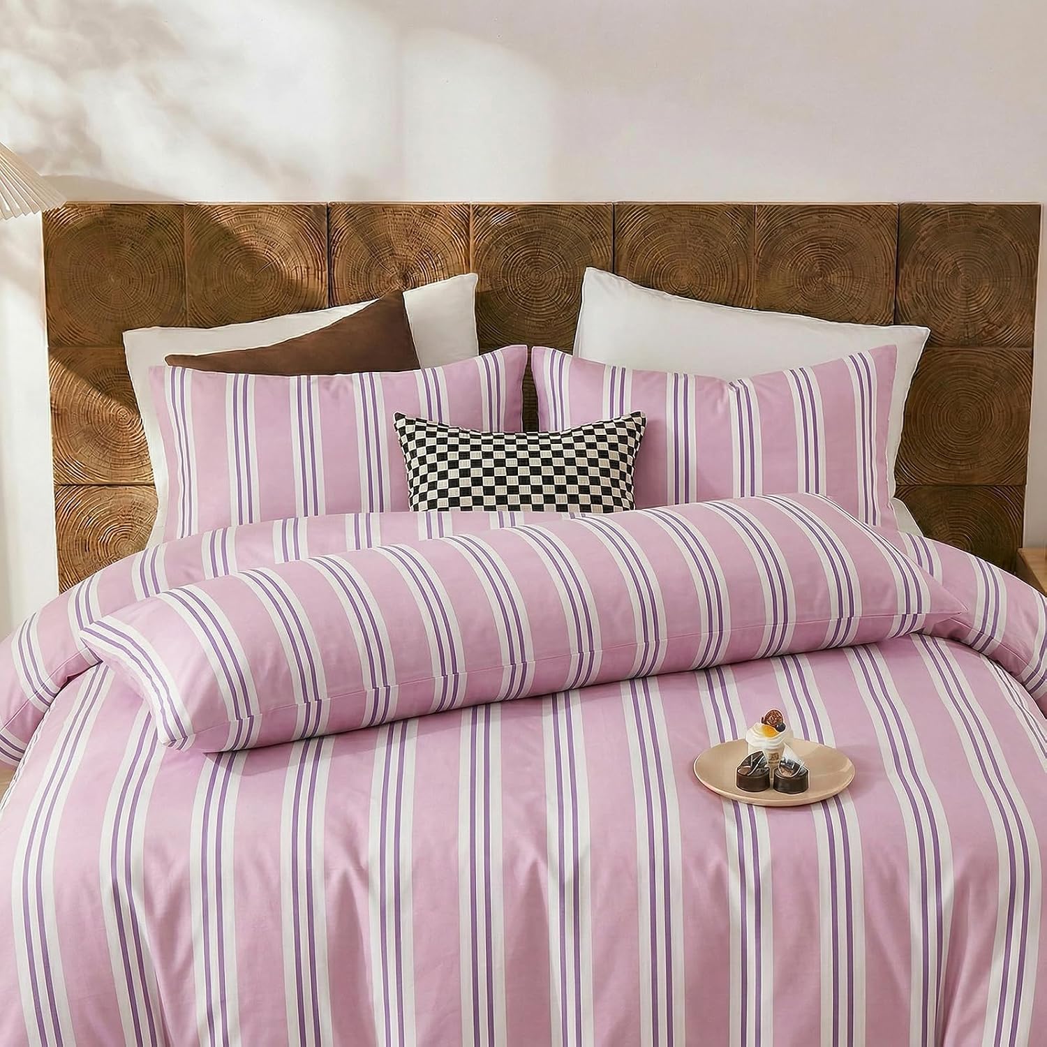 Merryword Queen Size Pillowcases, 100% Cotton Pillow Cases, Purple Striped Pillowcases, Soft Breathable Ribbon Stripe Pillow Covers, Set of…