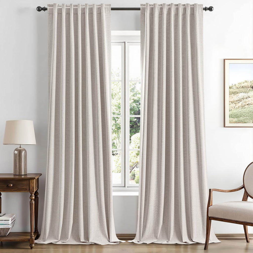 Miulee 100% Blackout Linen Curtains for Bedroom, Ivory Solid Luxury Decor Thermal Insulation Room Darkening Drapes for Living Room Nursery…