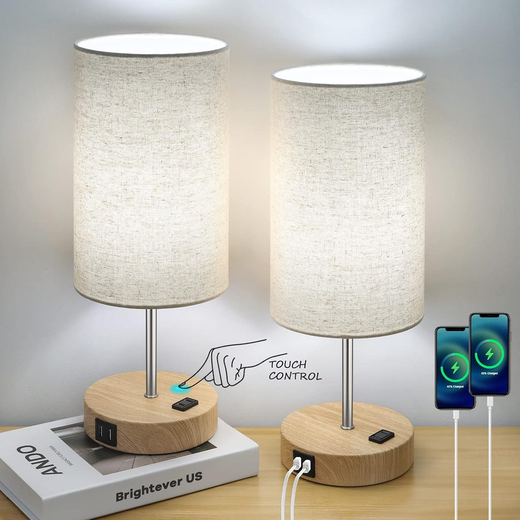 Brightever Bedside Table Lamps with 2 USB Charging Ports & AC Outlet, Set of 2 Touch Control Wooden Base Nightstand 3-Way Dimmable Lamps wi…