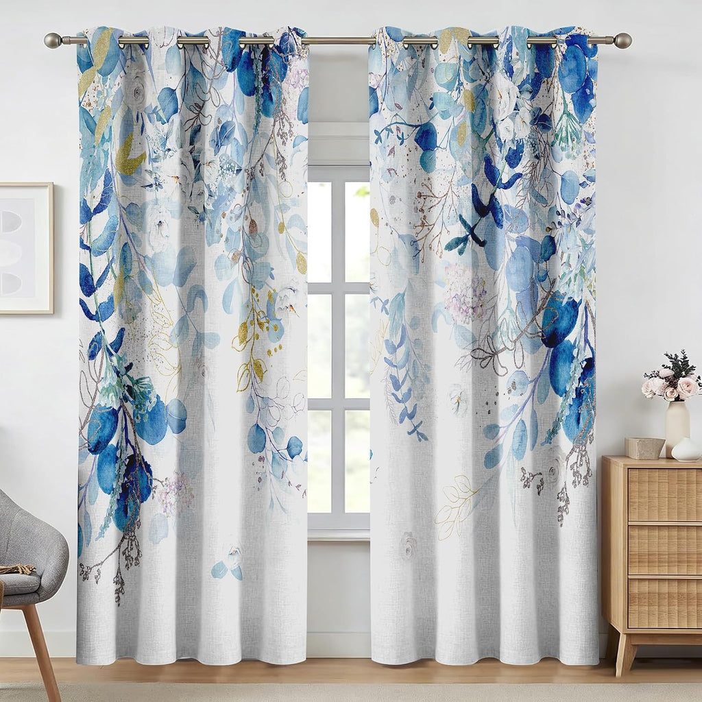 GOLDLAWN Blue and White Blackout Linen Textured Curtains for Bedroom Blue Floral Summer Thermal Insulated Grommet Room Darkening Cur…