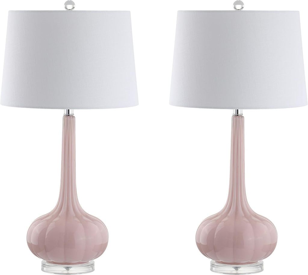 JONATHAN Y 28.5" Pink Glass Teardrop LED Table Lamp Set of 2 for Living Room Bedroom Nightstand, White Linen Shade Modern Transitional…