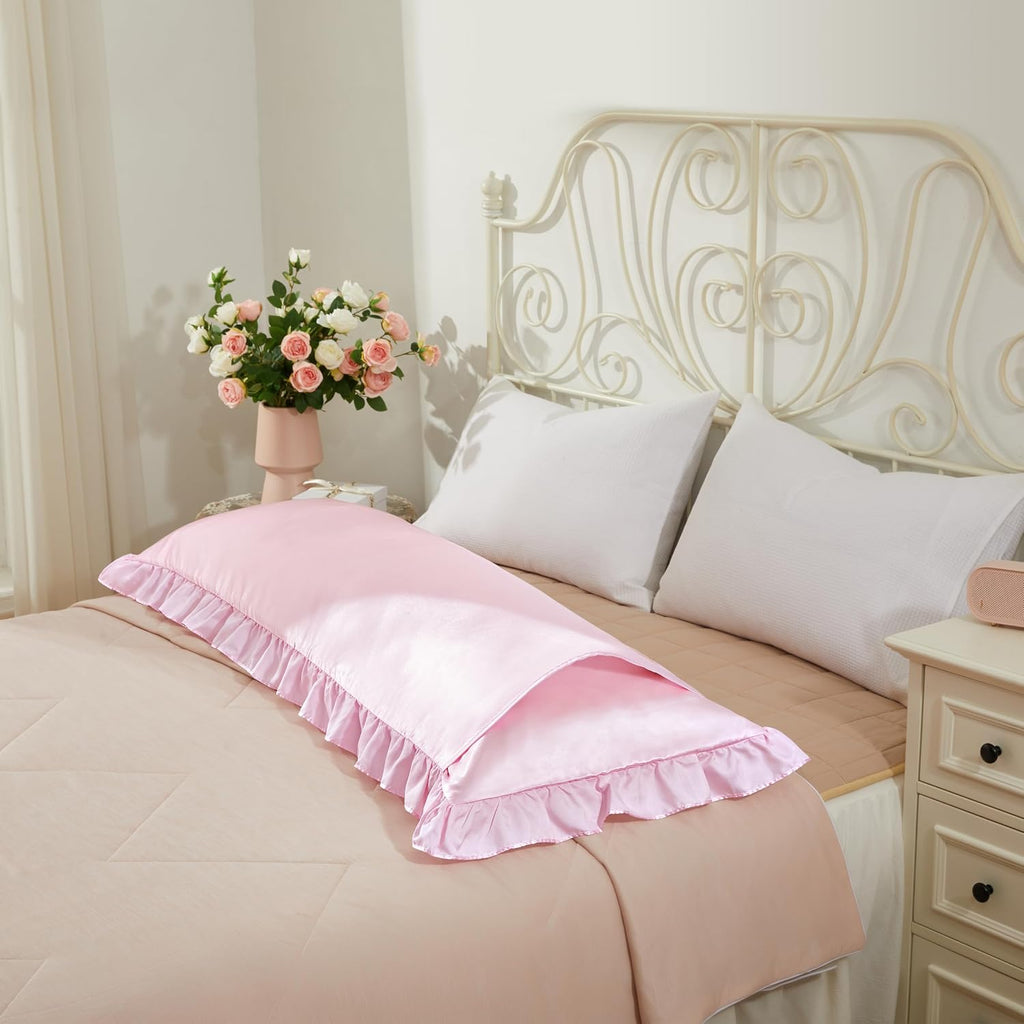 HommxJF Pink Satin Pillowcases Body Pillow for Hair and Skin, Pink Body Pillow Silk Pillowcase with Envelope Closure Princess Room Decoratio…