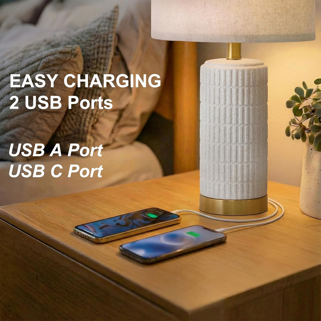 PoKat 21.5'' Stone-Like Bedside Table Lamps Set of 2 for Bedroom with 2 USB A+C, Modern Lamps for Living Room, Ceramic Nightstand Desk…
