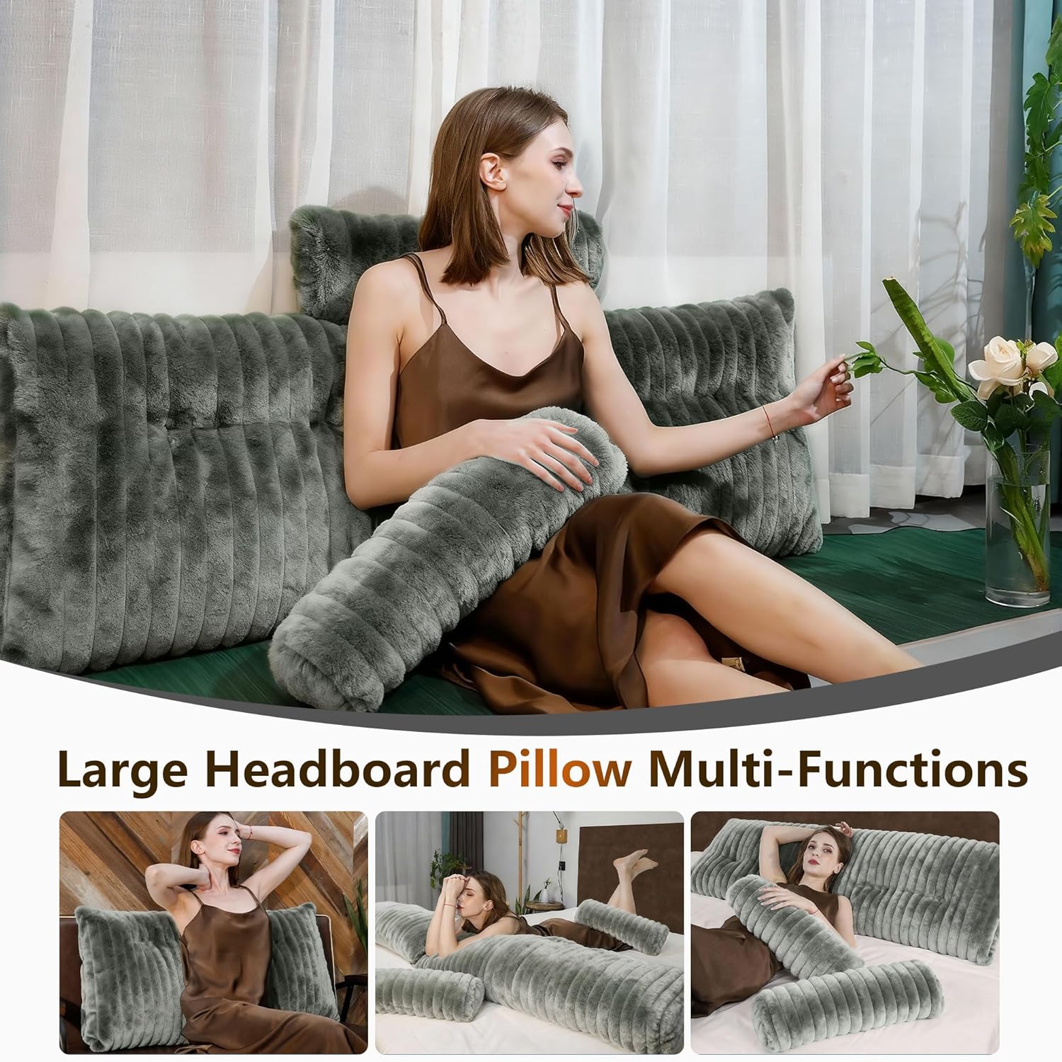 WelltyCare Luxury Faux Fur Headboard Pillow Twin Size - Large Triangular Wedge Cushion for Bed & Sofa, Fluffy Reading Backrest Bolster with…