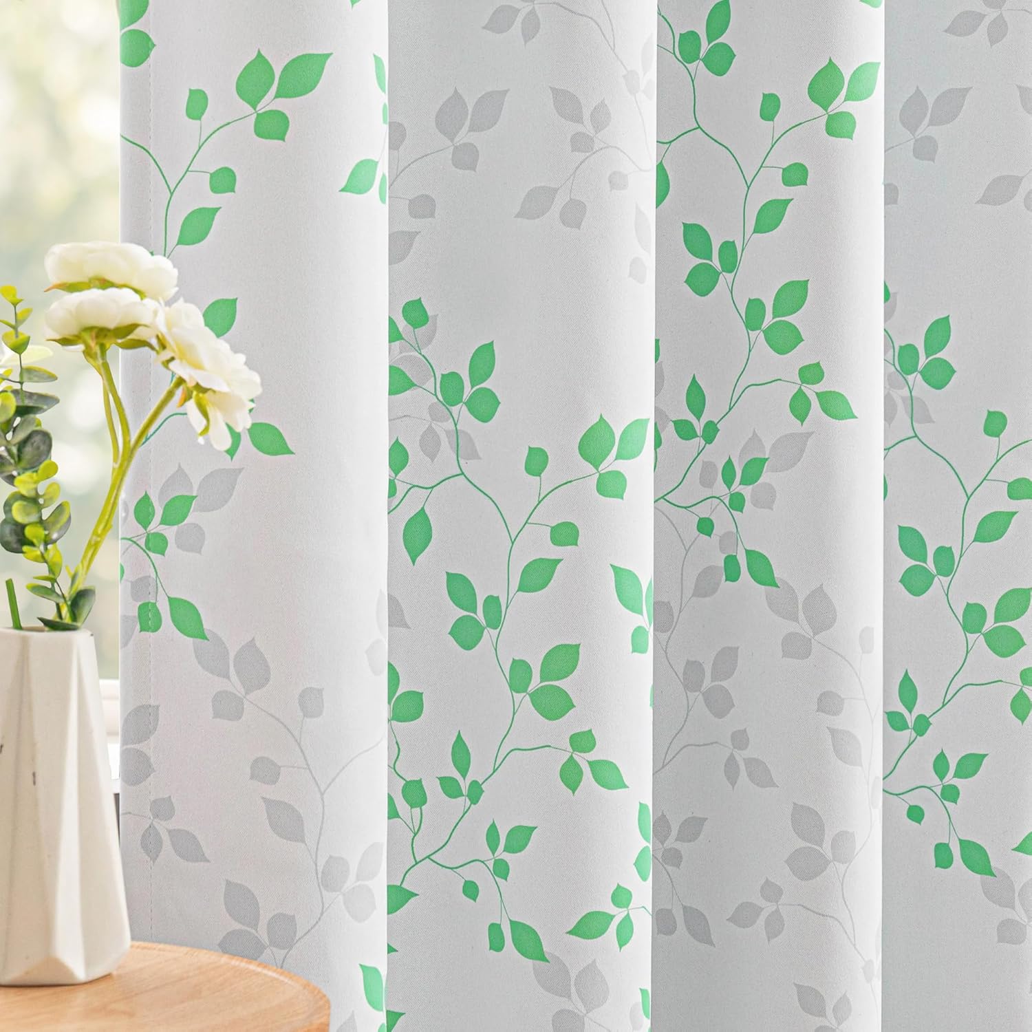 Meetsky 95% Blackout Curtains for Bedroom, Green and Grey Leaf Curtains 84 Inches Long 2 Panels, Patterned Curtain Living Room Thermal Insu…