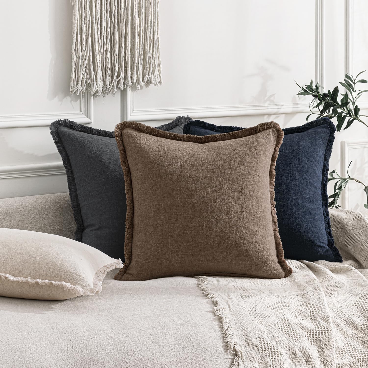 Anroduo Set of 2 Decorative Throw Pillow Covers 22×22 Inch Soft Linen Fringe Farmhouse Boho Vintage Cushion Covers with Tassels Accent Pill…