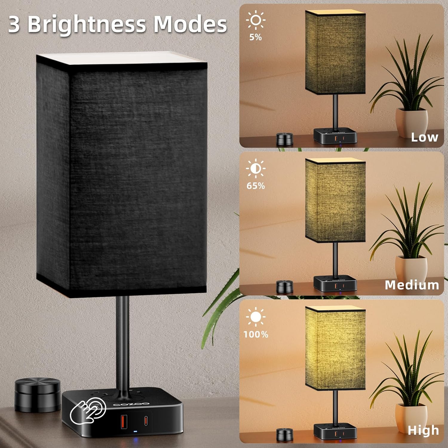 Table Lamp with Remote Operation Control for Bedroom, Dimmable Bedside Table Desk Light with USB C+A Charging Ports 2 AC…