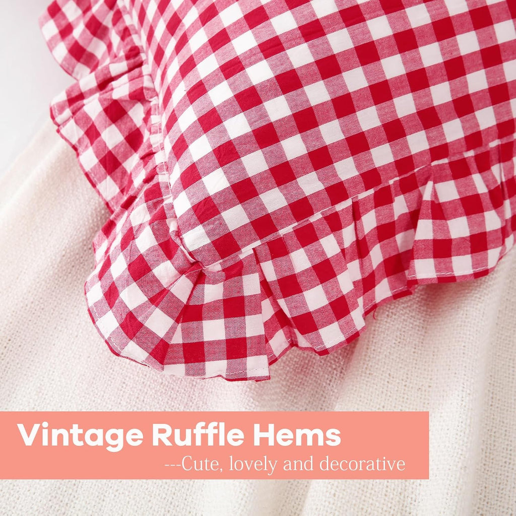 Kmasaniji 2 Pack Red White Plaid Ruffle Gingham Pillow Shams Standard Size, 100% Washed Cotton Buffalo Checkered Farmhouse Bed Pillow Cover…