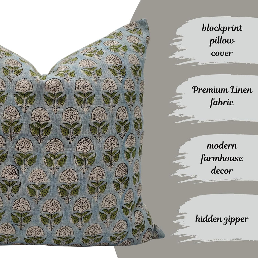 LineandLoop Linen Throw Pillow Covers 20x20 inch Blue Green Spring Decorative Pillow Covers for Living Room, Bedroom 2 inches cotton Blue