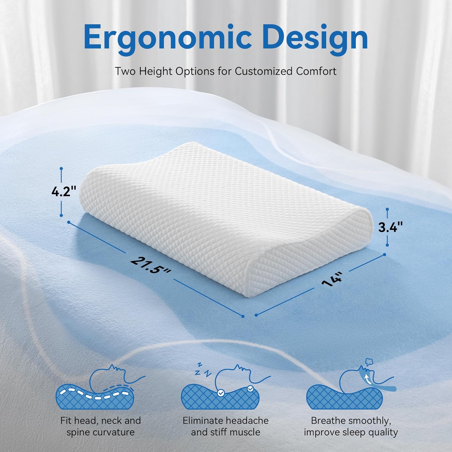 Ergonomic Memory Foam Pillow with Washable Zippered Soft Cover Contour Cervical pillows for Neck Pain and Side Sleeper Back Support…