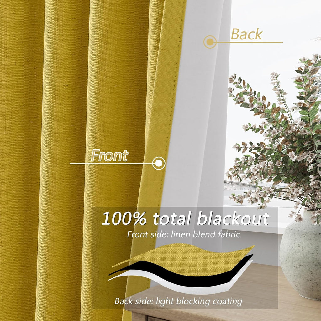 Guken Celery Yellow 100% Blackout Linen Curtains 102 Inch Length 2 Panels Set for Living Room Bedroom Back Tab Rod Pocket Thermal Insulated…