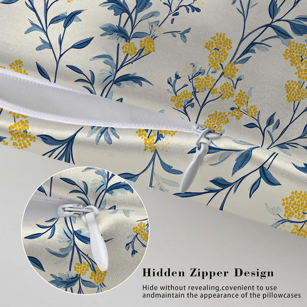 Imitation Silk Pillowcase for Hair and Skin Blue Leaves Bright Yellow Flowers 1 Pack Satin Queen Pillowcase with Hidden Zipper Cooling…