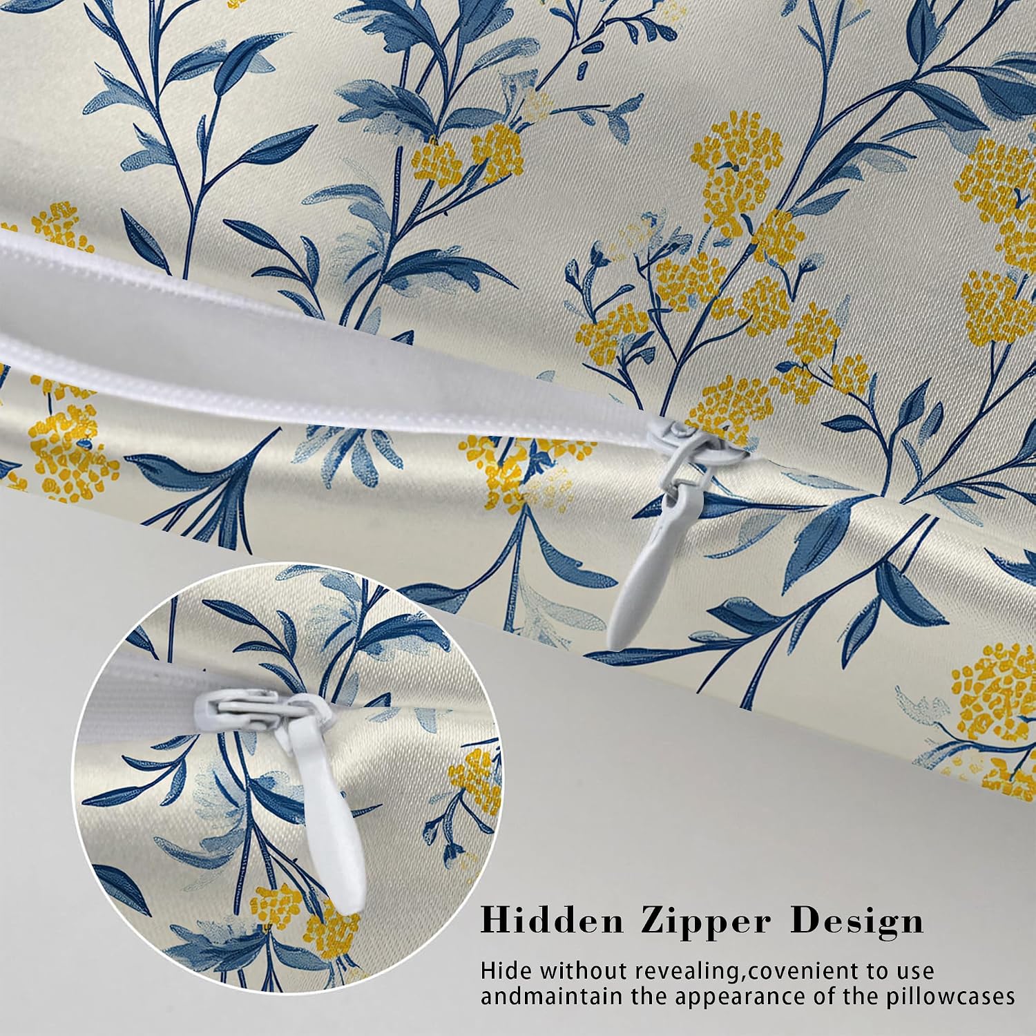 Imitation Silk Pillowcase for Hair and Skin Blue Leaves Bright Yellow Flowers 1 Pack Satin Queen Pillowcase with Hidden Zipper Cooling…
