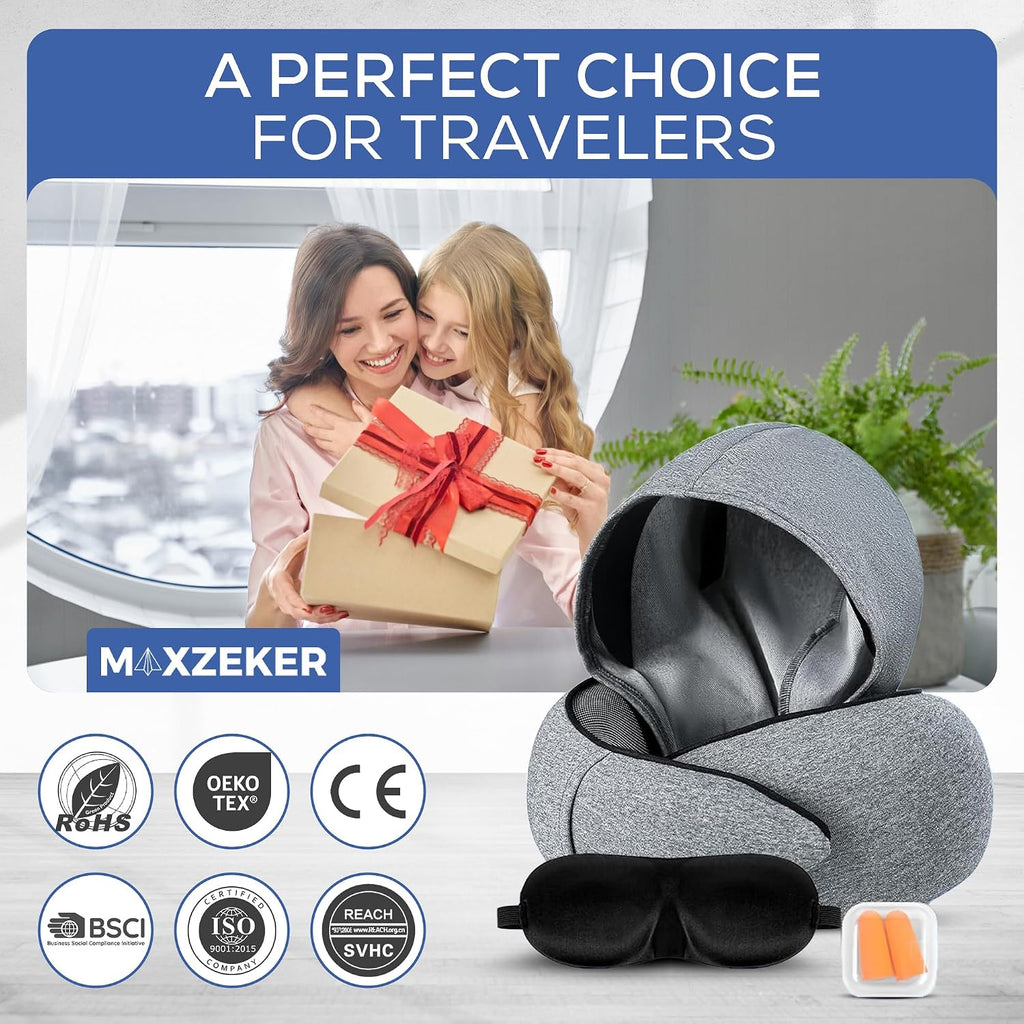 Travel Neck Pillows for Airplanes – Sleep Comfortably on Long Flights, Roadtrips, Home or Office. All-in-One Travel Sleep Kit with Hood…